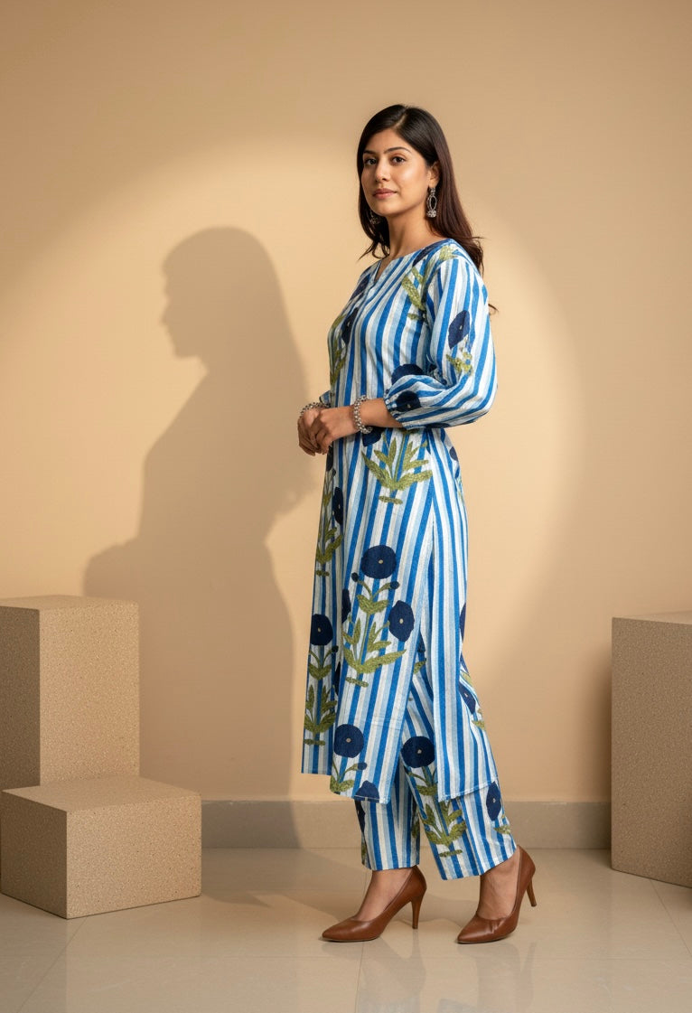 Women’s Striped Floral Cotton Kurta Set