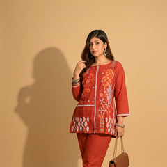 Embroidered Cotton Co-Ord Set with Straight Pants – Available in Rust & Cream