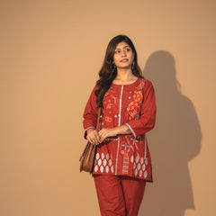 Embroidered Cotton Co-Ord Set with Straight Pants – Available in Rust & Cream