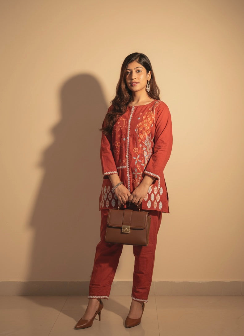 Embroidered Cotton Co-Ord Set with Straight Pants – Available in Rust & Cream