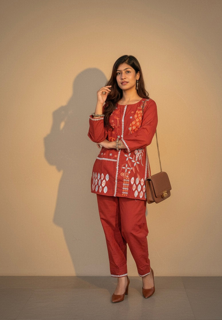Embroidered Cotton Co-Ord Set with Straight Pants – Available in Rust & Cream