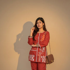 Embroidered Cotton Co-Ord Set with Straight Pants – Available in Rust & Cream