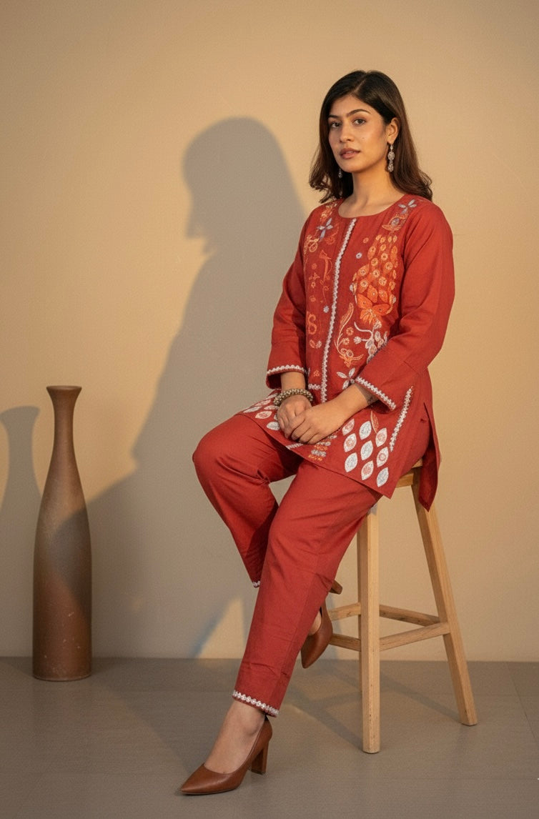 Embroidered Cotton Co-Ord Set with Straight Pants – Available in Rust & Cream