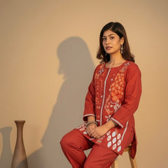 Embroidered Cotton Co-Ord Set with Straight Pants – Available in Rust & Cream