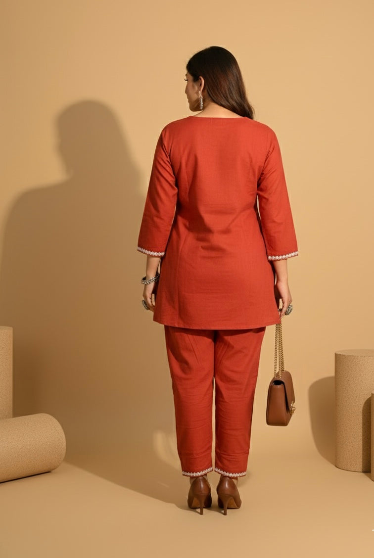 Embroidered Cotton Co-Ord Set with Straight Pants – Available in Rust & Cream