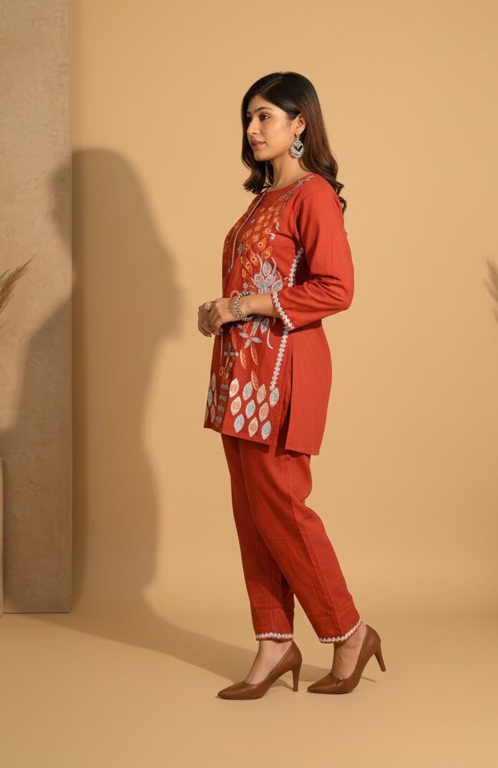 Embroidered Cotton Co-Ord Set with Straight Pants – Available in Rust & Cream