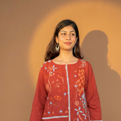 Embroidered Cotton Co-Ord Set with Straight Pants – Available in Rust & Cream