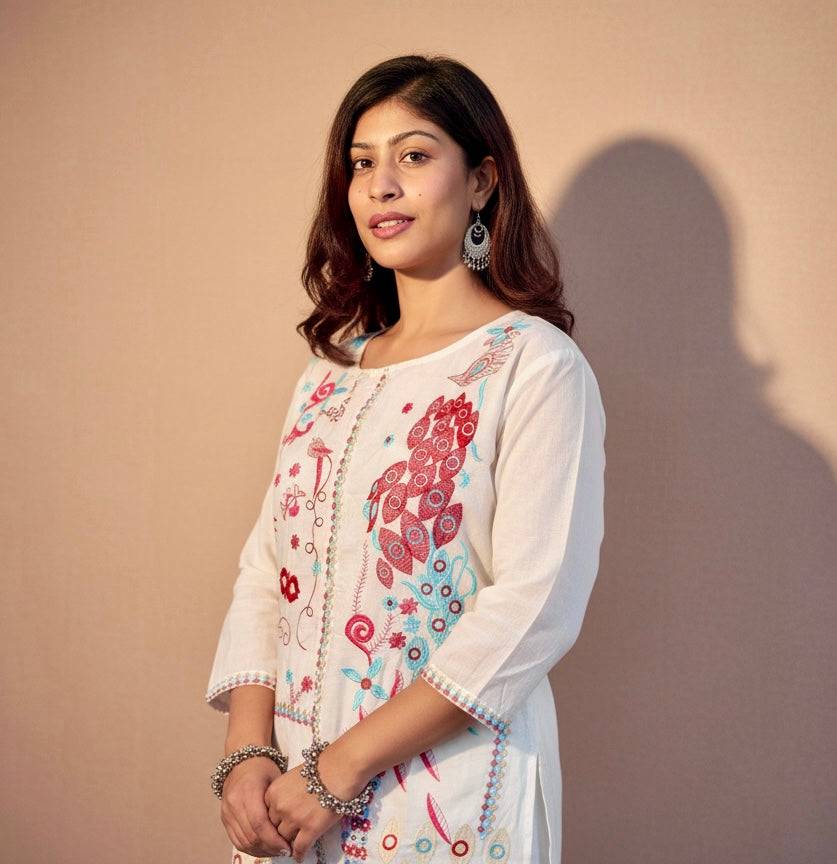 Embroidered Cotton Co-Ord Set with Straight Pants – Available in Rust & Cream