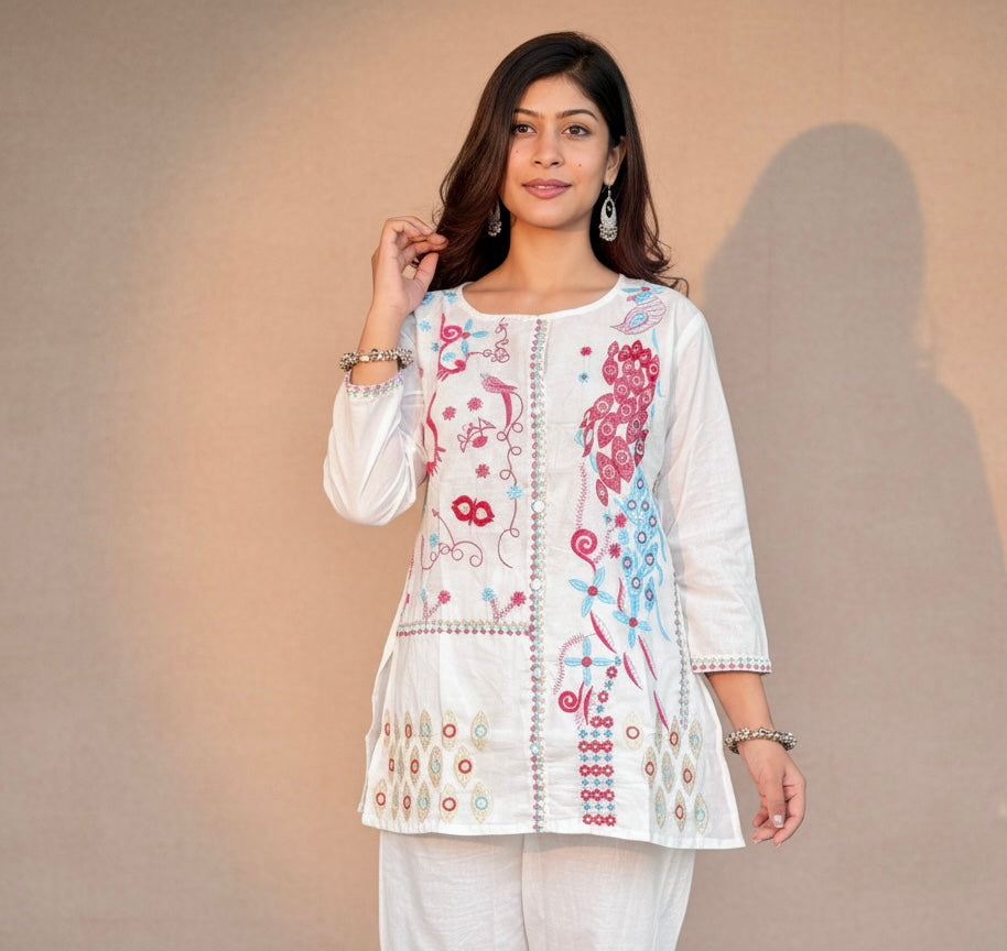 Embroidered Cotton Co-Ord Set with Straight Pants – Available in Rust & Cream