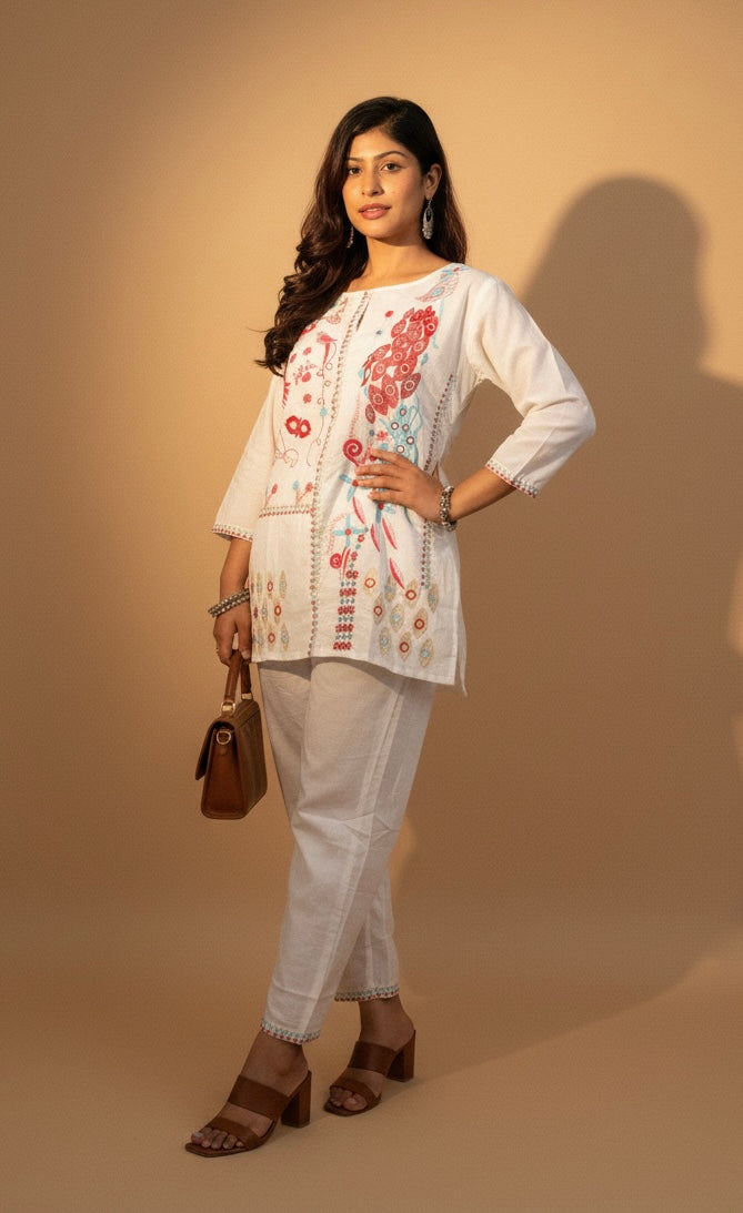 Embroidered Cotton Co-Ord Set with Straight Pants – Available in Rust & Cream