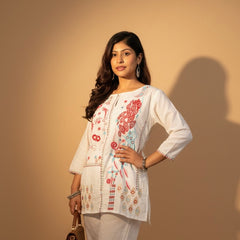 Embroidered Cotton Co-Ord Set with Straight Pants – Available in Rust & Cream