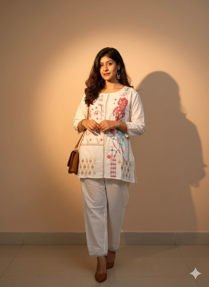 Embroidered Cotton Co-Ord Set with Straight Pants – Available in Rust & Cream