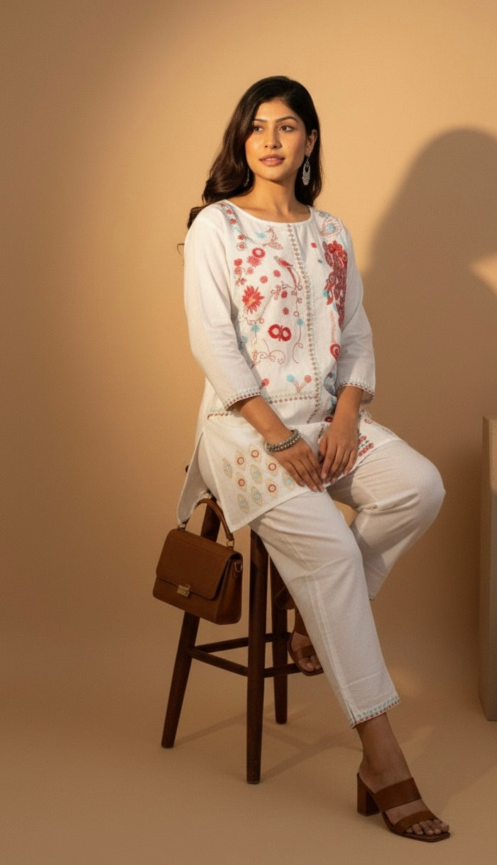 Embroidered Cotton Co-Ord Set with Straight Pants – Available in Rust & Cream