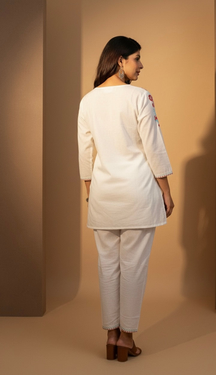 Embroidered Cotton Co-Ord Set with Straight Pants – Available in Rust & Cream