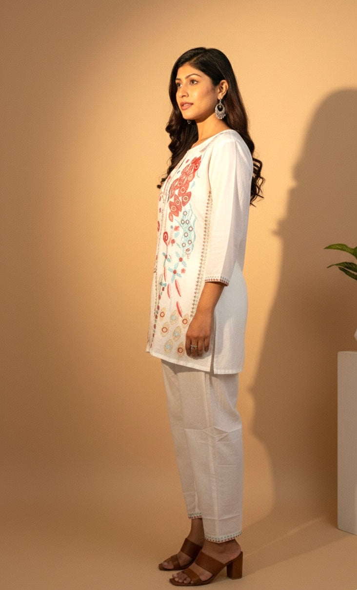 Embroidered Cotton Co-Ord Set with Straight Pants – Available in Rust & Cream