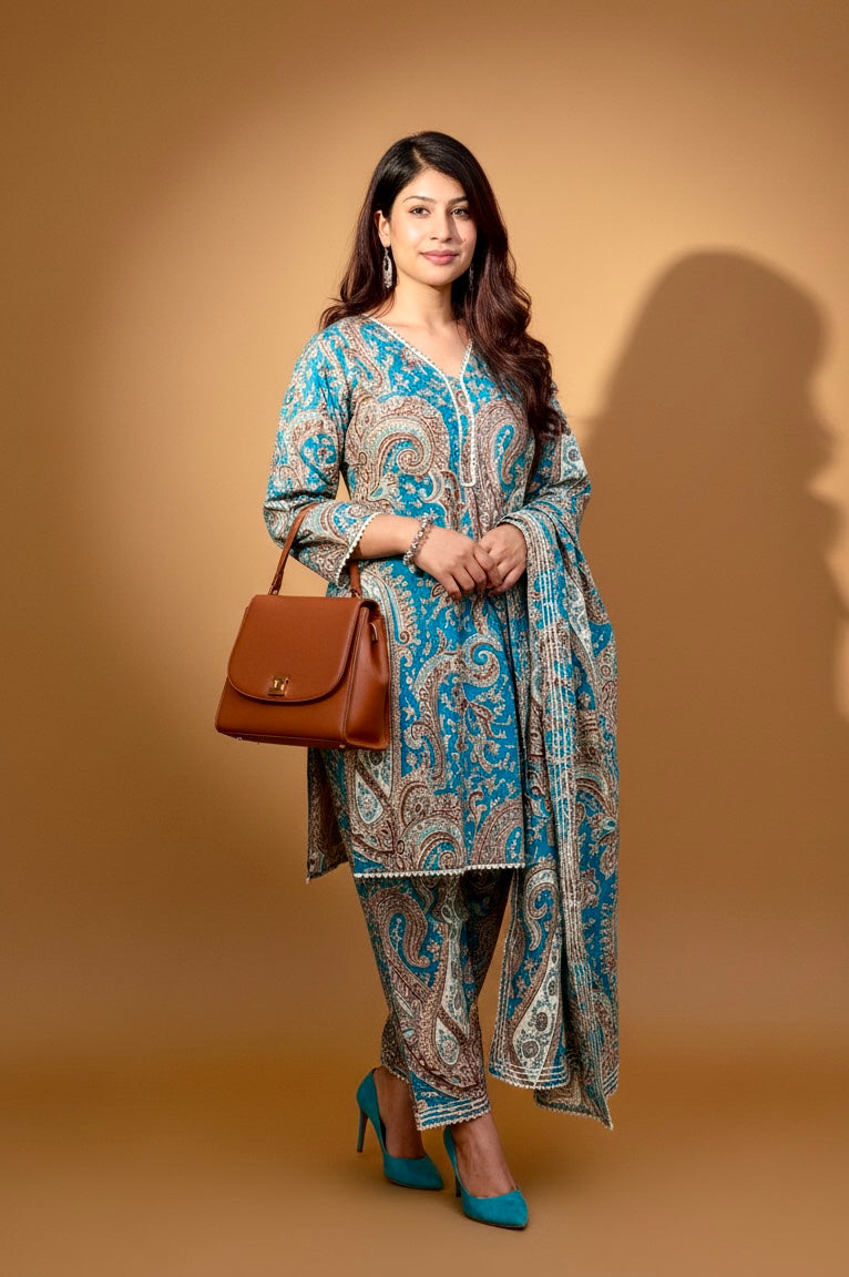 Purple Paisley Printed Kurti with White Straight Pants