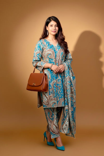 Purple Paisley Printed Kurti with White Straight Pants