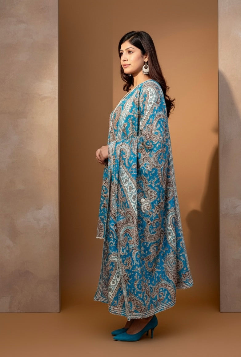 Purple Paisley Printed Kurti with White Straight Pants