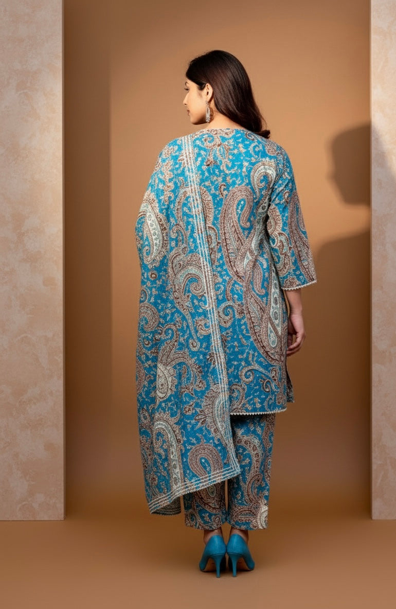 Purple Paisley Printed Kurti with White Straight Pants