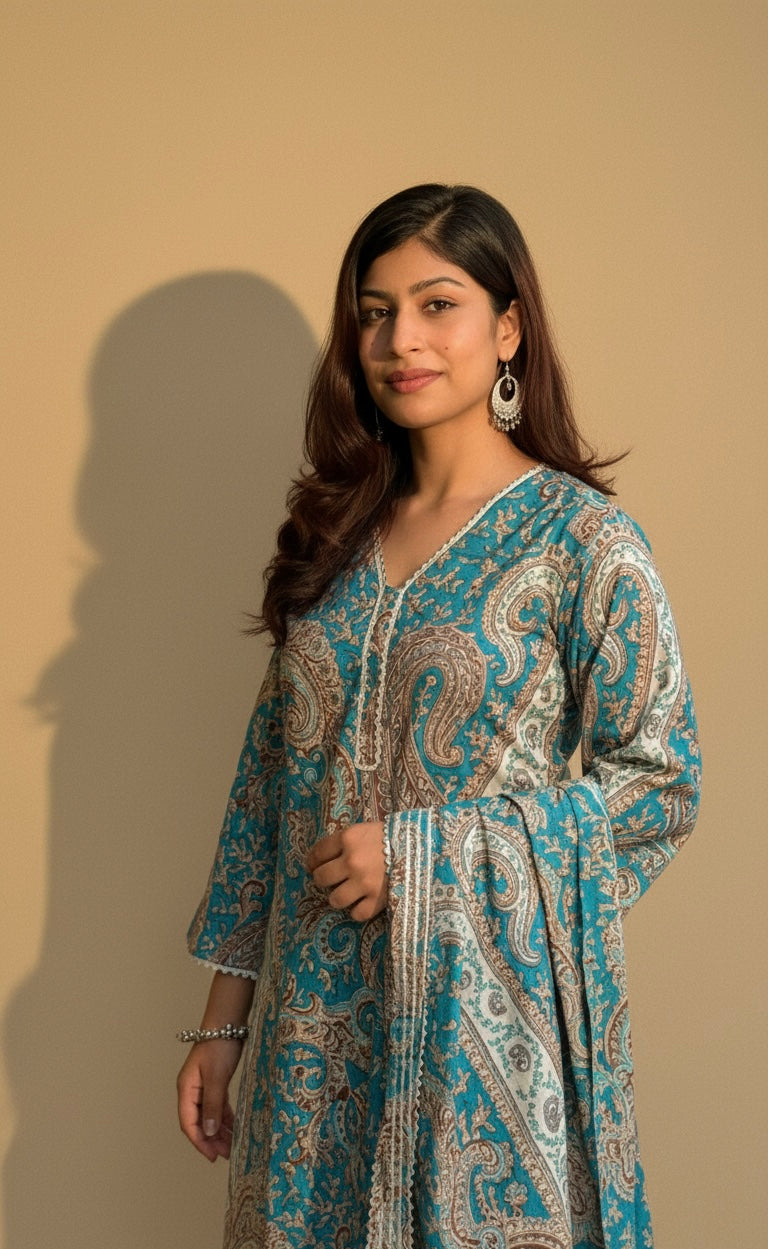 Purple Paisley Printed Kurti with White Straight Pants