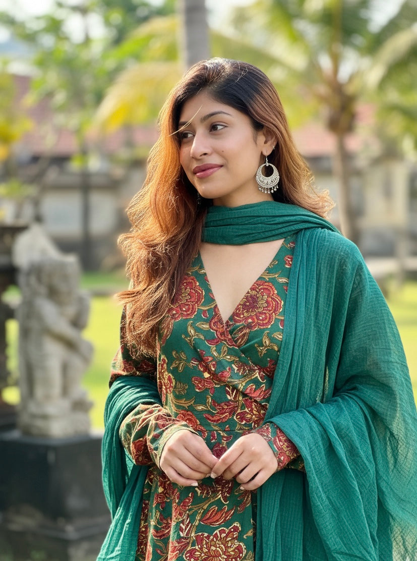 Green Floral Printed Ethnic Kurta Set with Dupatta