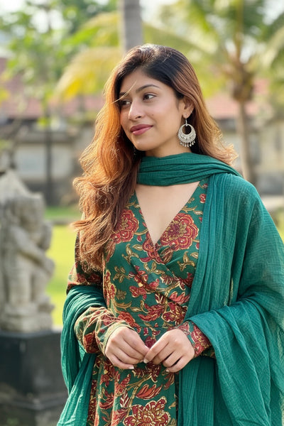 Green Floral Printed Ethnic Kurta Set with Dupatta