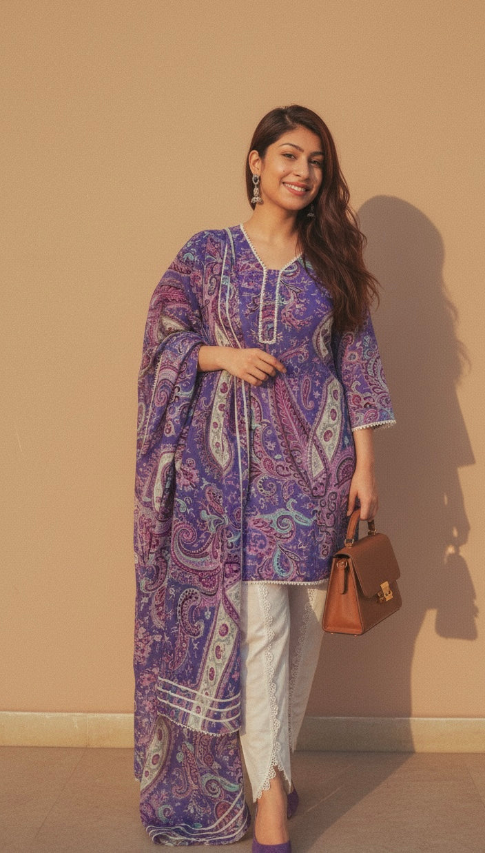 Purple Paisley Printed Kurti with White Straight Pants