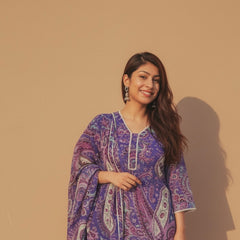Purple Paisley Printed Kurti with White Straight Pants