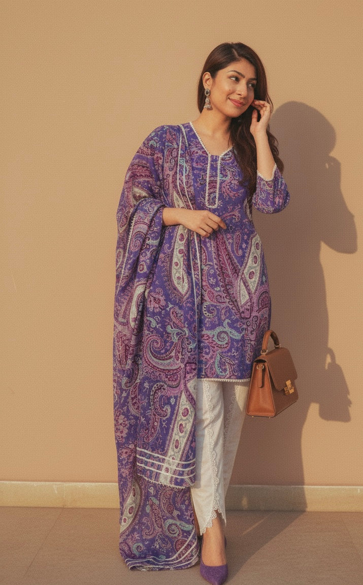 Purple Paisley Printed Kurti with White Straight Pants