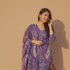 Purple Paisley Printed Kurti with White Straight Pants