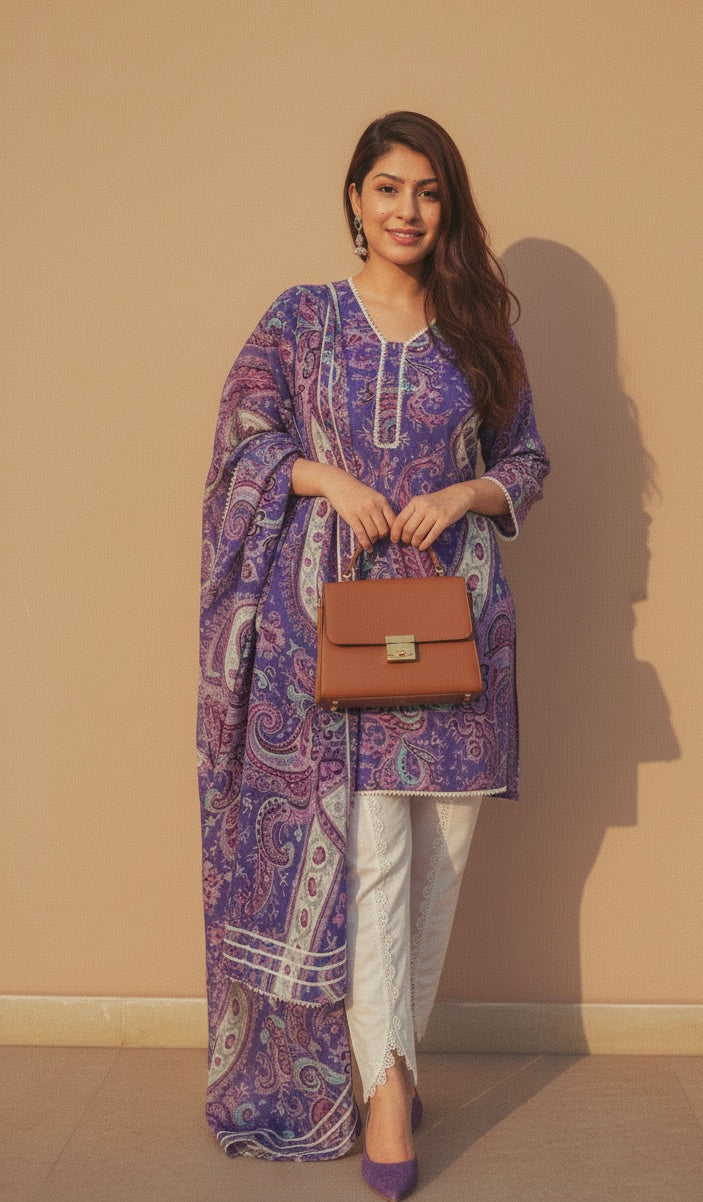 Purple Paisley Printed Kurti with White Straight Pants