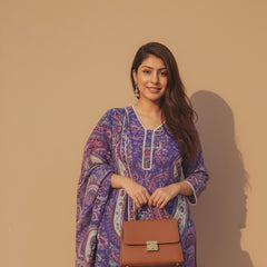 Purple Paisley Printed Kurti with White Straight Pants