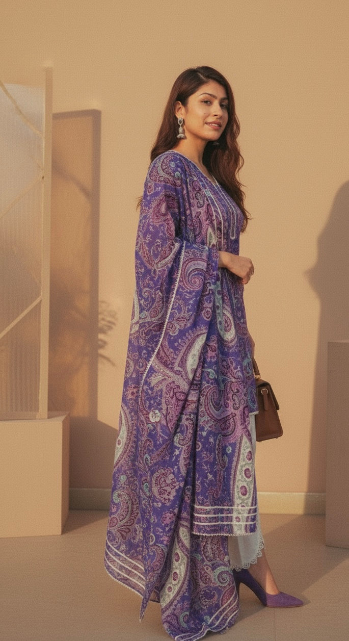 Purple Paisley Printed Kurti with White Straight Pants