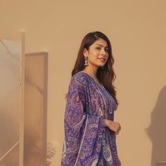 Purple Paisley Printed Kurti with White Straight Pants