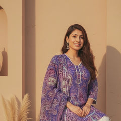 Purple Paisley Printed Kurti with White Straight Pants