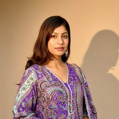 Purple Paisley Printed Kurti with White Straight Pants