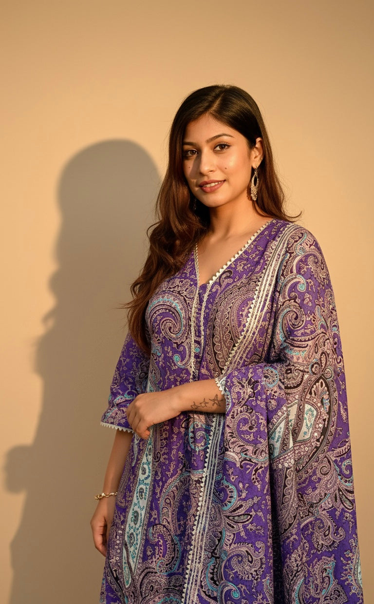 Purple Paisley Printed Kurti with White Straight Pants