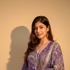 Purple Paisley Printed Kurti with White Straight Pants
