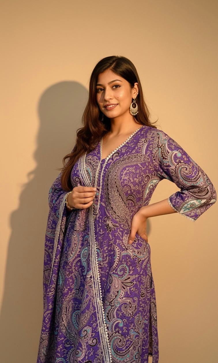 Purple Paisley Printed Kurti with White Straight Pants