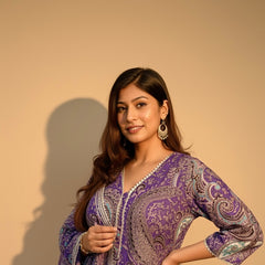 Purple Paisley Printed Kurti with White Straight Pants