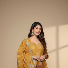 Mustard Yellow Printed Anarkali Suit with Embroidered Dupatta