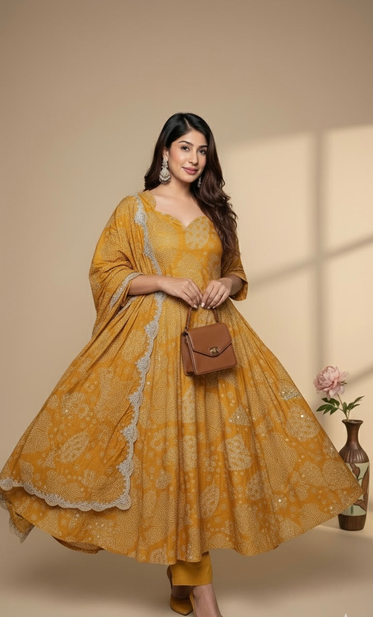 Mustard Yellow Printed Anarkali Suit with Embroidered Dupatta