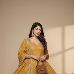 Mustard Yellow Printed Anarkali Suit with Embroidered Dupatta