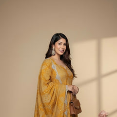 Mustard Yellow Printed Anarkali Suit with Embroidered Dupatta