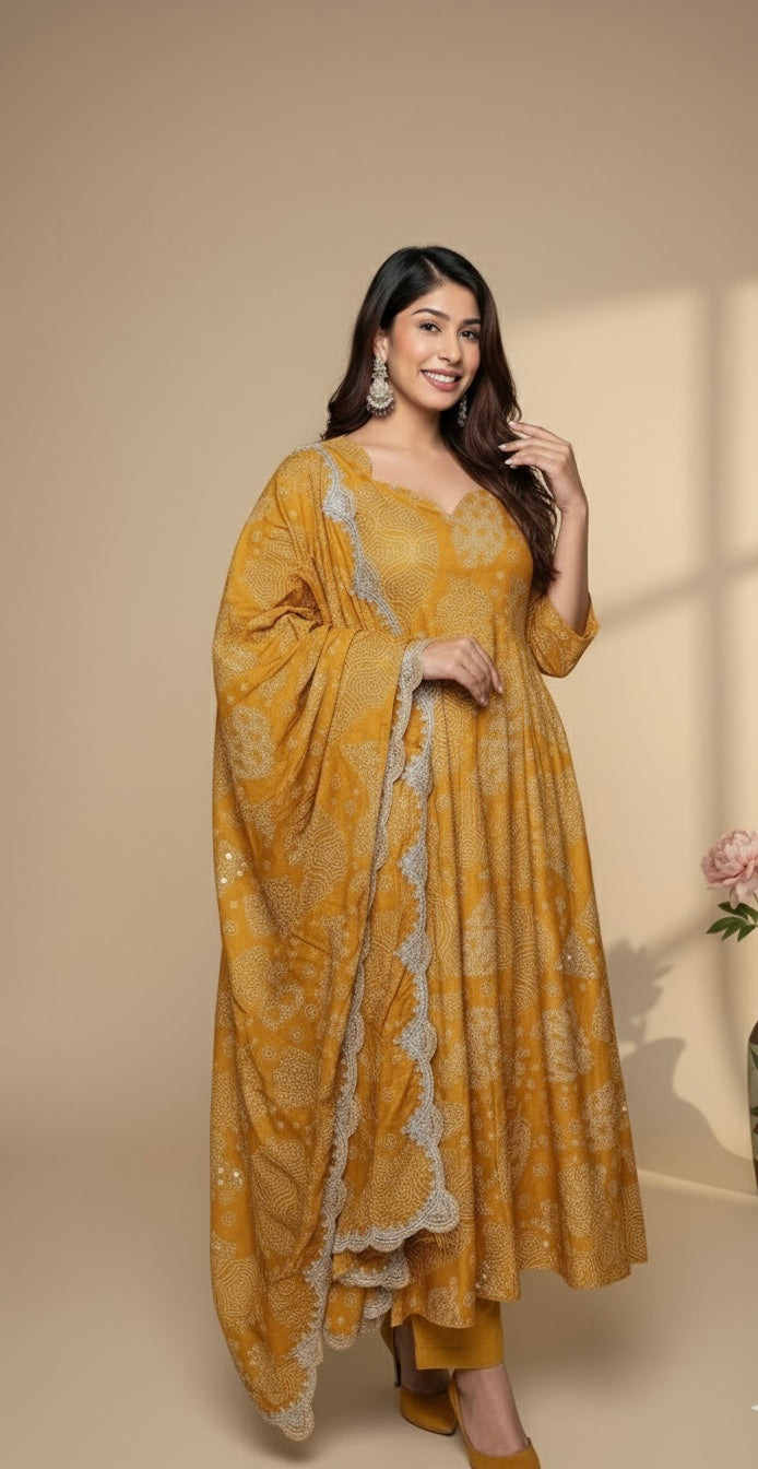 Mustard Yellow Printed Anarkali Suit with Embroidered Dupatta