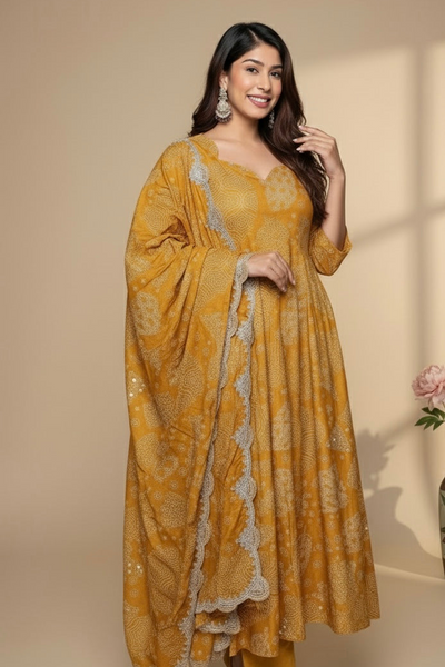 Mustard Yellow Printed Anarkali Suit with Embroidered Dupatta