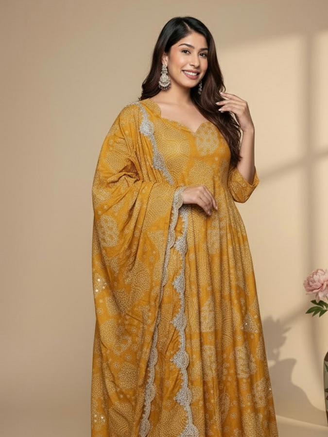 Mustard Yellow Printed Anarkali Suit with Embroidered Dupatta