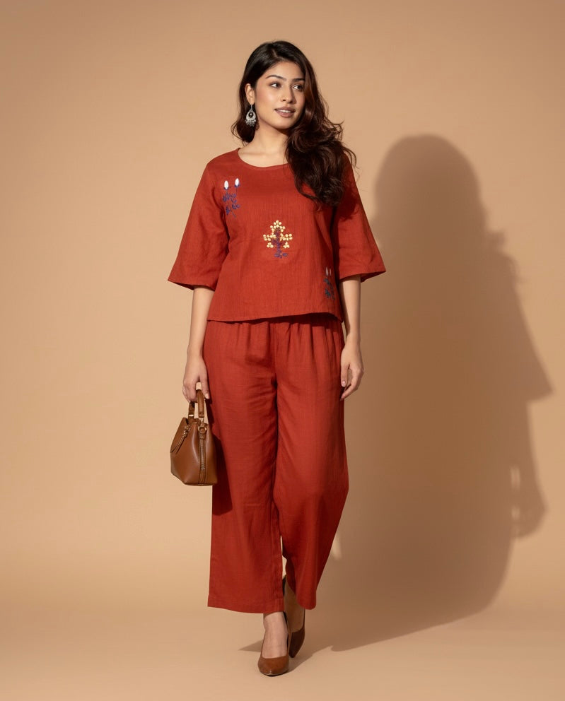 Floral Embroidered Cotton Co-ord Set for Women