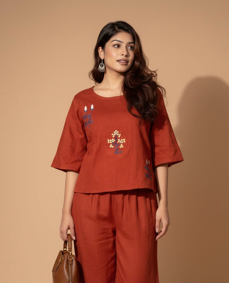 Floral Embroidered Cotton Co-ord Set for Women