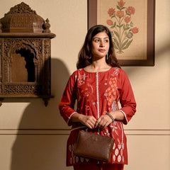 Embroidered Cotton Co-Ord Set with Straight Pants – Available in Rust & Cream